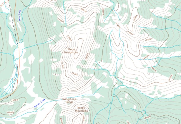 Topographical map of Mt Livingstone. Image courtesy of https://atlas.gc.ca/toporama.